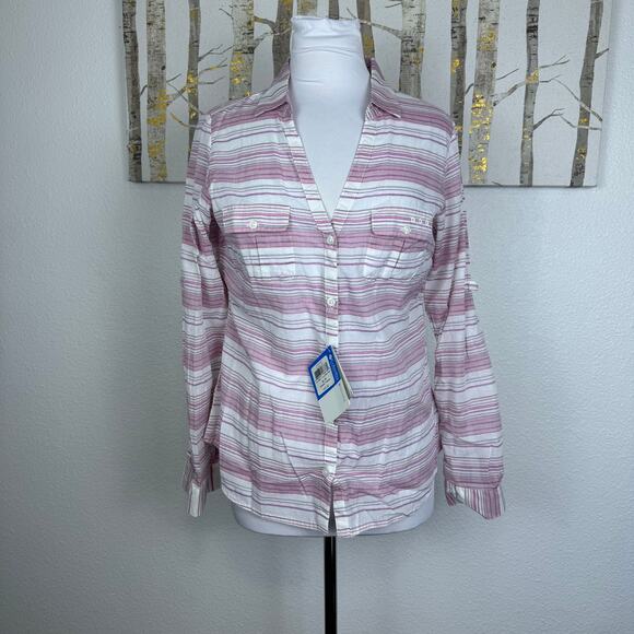 NWT Columbia Sun Drifter PFG Long Sleeve Shirt Pink White Blue Stripe Small - Picture 1 of 7